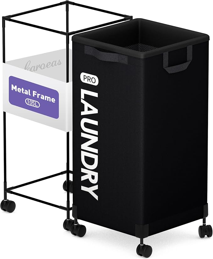 Caroeas Next-Gen 105L Matel Frame Laundry Basket with wheels, Heavy Duty Tall Rolling Laundry Hamper with Removable Wash Bag, Collapsible Freestanding Clothes Hamper (100L,Black,1Pack) by Caroeas