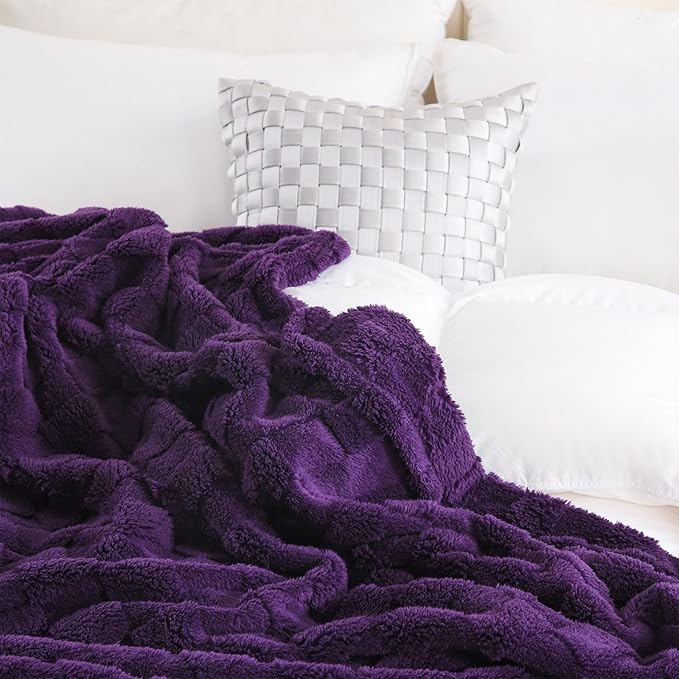 Deep Purple Fleece Throw Blanket 90”×90” for Couch Sofa Bed,Super Soft Cozy Plush Microfiber Flannel Blanket with 3D Checkered Design Lightweight for Adults,Woman,Girls