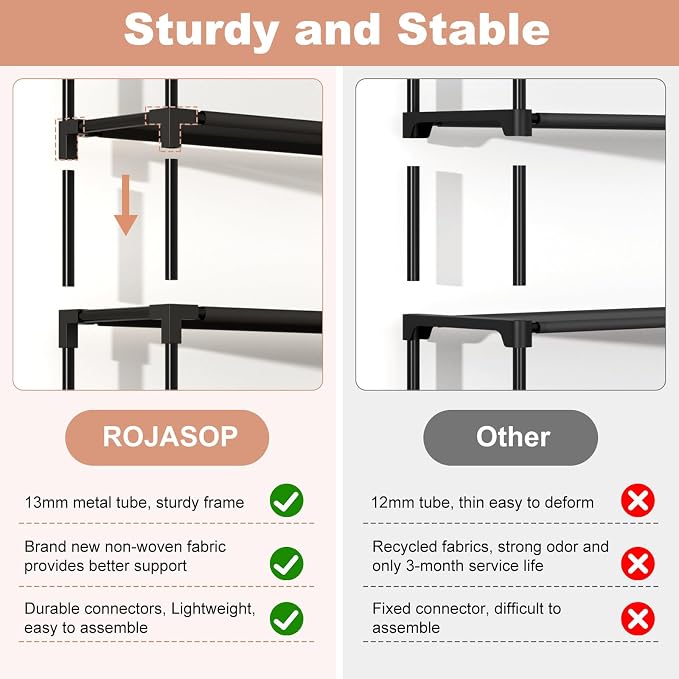 ROJASOP 10 Tier Shoe Rack with Covers,Large Capacity Stackable Tall Shoe Shelf Storage to 50-55 Pairs Shoes and Boots Sturdy Metal Free Standing Shoe Rack Organizer for Closet Entryway Garage - Image 6