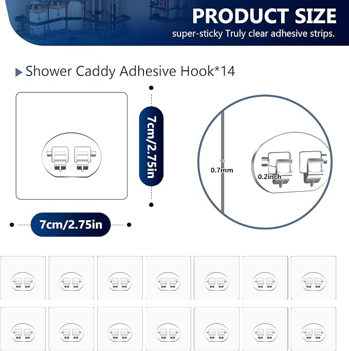 Shower Caddy Adhesive Single Hooks for Replacement, Shower Holder Organizer Self Adhesive Wall Hooks for Bathroom Corner Shelf Basket Soap Dish (Transparent-14Pack 1 Hooks) - Image 2