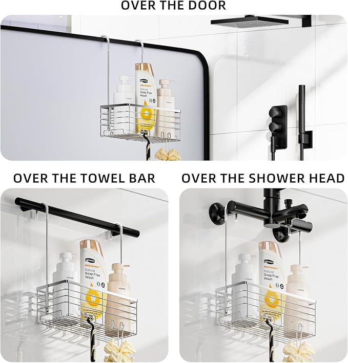 SHANSHUI Shower Hanging Caddy, Bathroom Shower Organizer Basket, Shampoo Bracket, Over Door Showers Rack with Hooks, 304 Stainless Steel Rustproof - Image 2