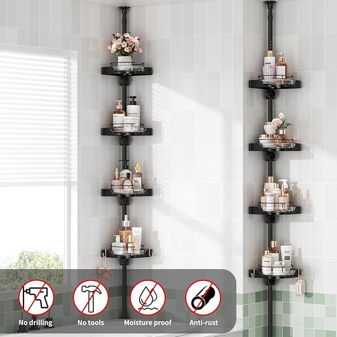 360° Rotating Shower Caddy Tension Pole, 4 Tiers Corner Shower Organizer for Bathroom Shelf Bathtub, Adjustable Standing Shower Rack Bathroom Accessories, Easily Assemble, 34-124 Inch Height, Black - Image 6