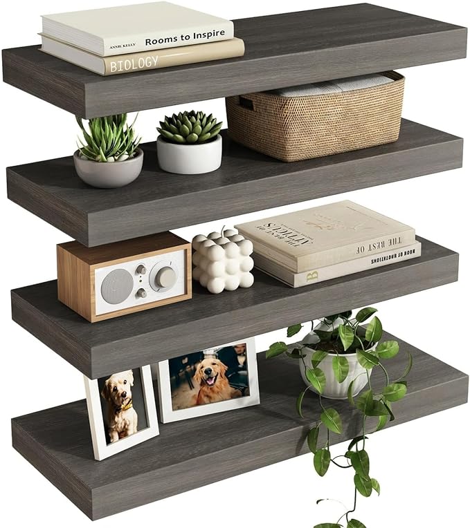 Fixwal 15.8in Floating Shelves, Rustic Wood Finish Wall Shelves Set of 4, Shelves for Wall Decor, with Invisible Brackets for Bathroom, Living Room,Bedroom and Kitchen(Gray) by Fixwal