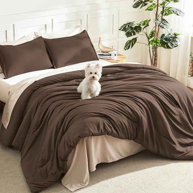 Litanika Brown Comforter Set Twin/Twin XL Size, 2 Pieces Lightweight Solid Bedding Comforter Set, All Season Fluffy Bed Set (66x90In Comforter & 1 Pillowcase)