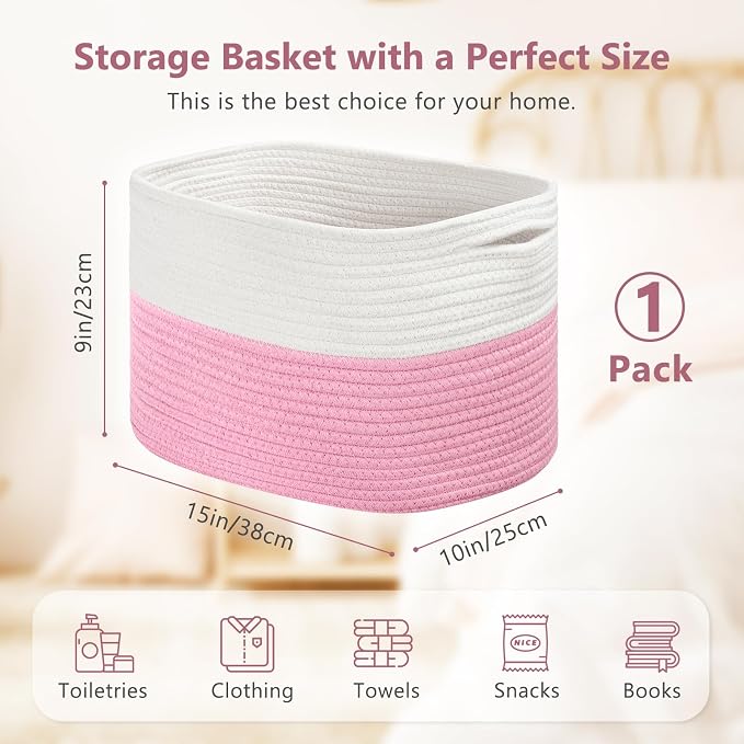 ECDYQXVU Cotton Rope Shelf Storage Basket, 15x10x9 in, Shelf Storage Baskets for Clothes, Towels, Books, Laundry (White/ Pink, 1 Pack) - Image 9