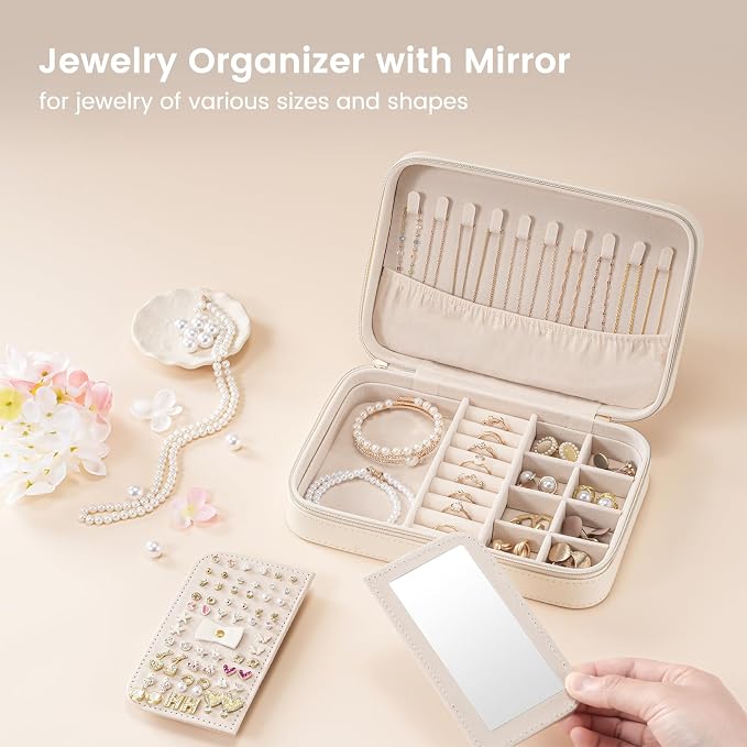 Lolalet Travel Jewelry Case for Women Girls, Travel Jewelry Organizer Box with Mirror & Clear Storage Bag, Small Portable Earring Necklace Bracelet Ring Case, Birthday Valentine Gifts -Medium, White - Image 2