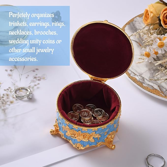 Vintage Jewelry Box, Gold Round Treasure Ring Box, Metal Trinket Organizer Keepsake Box Gift for Girl Women, Light Blue - Image 3