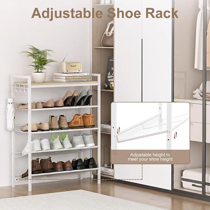 Refrze Shoe Rack for Front Door Entrance, 5 Tier Height-Adjustable Metal Shoe Rack, Sturdy Wooden Top and Tiltable Steel Frame Heavy Duty Shoe Organizer for Bathroom,Bedroom,Kitchen，Include Hook - Image 3