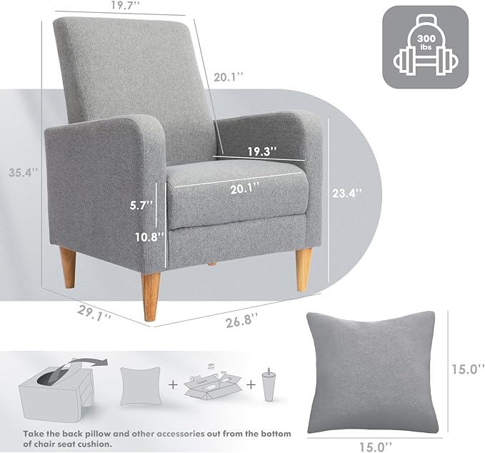 COLAMY Modern Upholstered Accent Chair Armchair with Pillow, Fabric Reading Living Room Side Chair,Single Sofa with Wood Legs, Light Grey