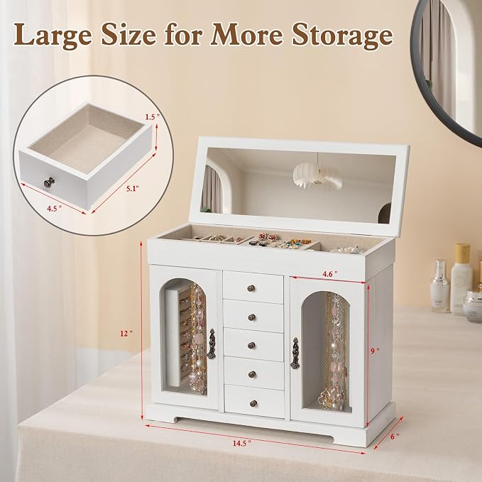 Miratino Jewelry Box for Women Girls, Wooden Jewelry Organizer Box with Mirror, 5 Layer Jewelry Storage Case Display for Necklaces Earrings Rings Bracelets Valentine's Day Gifts - Image 6