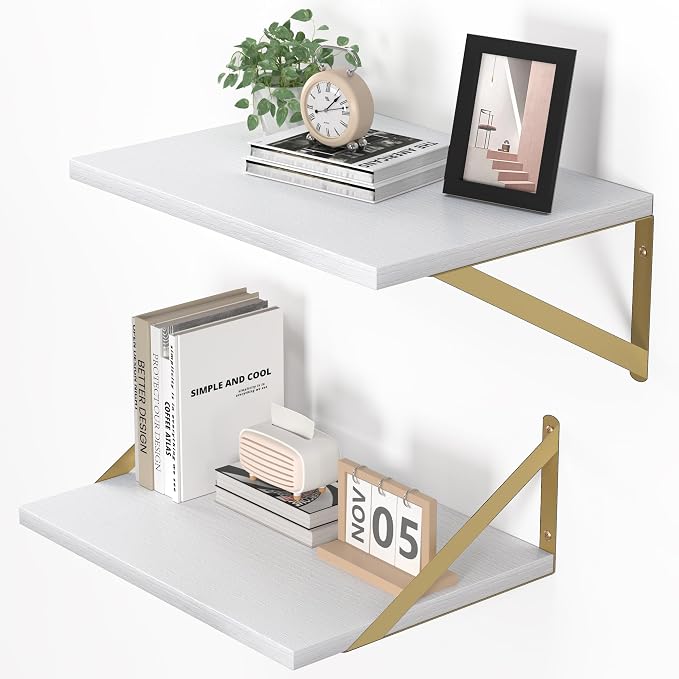 Heimlove Deep Floating Shelves for Wall, 16W x 12D Wood Wall Shelves Set of 2, Wide Floating Bookshelf for Living Room, Kitchen, Office, Bedroom and Decor Storage, with Golden Bracket - White & Gold by Heimlove