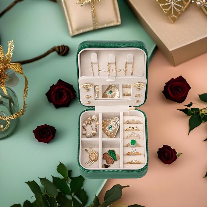 Vlando Small Travel Jewelry Box Organizer - Mirrored Jewelries Necklaces Rings Earrings Necklace Storage Case, Dark Green - Image 5