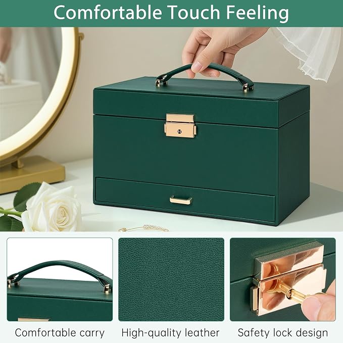AKOZLIN Travel Jewelry Box Organizer Functional 2-trays Leather Jewelry Storage Case with Lockable Portable Drawer for Women Girls Ring Necklace Earring Bracelet - Image 7