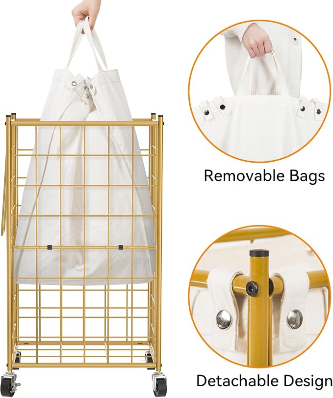 WOWLIVE Laundry Hamper with Wheels,Metal Wire Frame Rolling Laundry Basket with Removable bag,100L Dirty Clothes Hamper Organizer Dorm Room Storage for Bedroom,Bathroom,Golden - Image 6