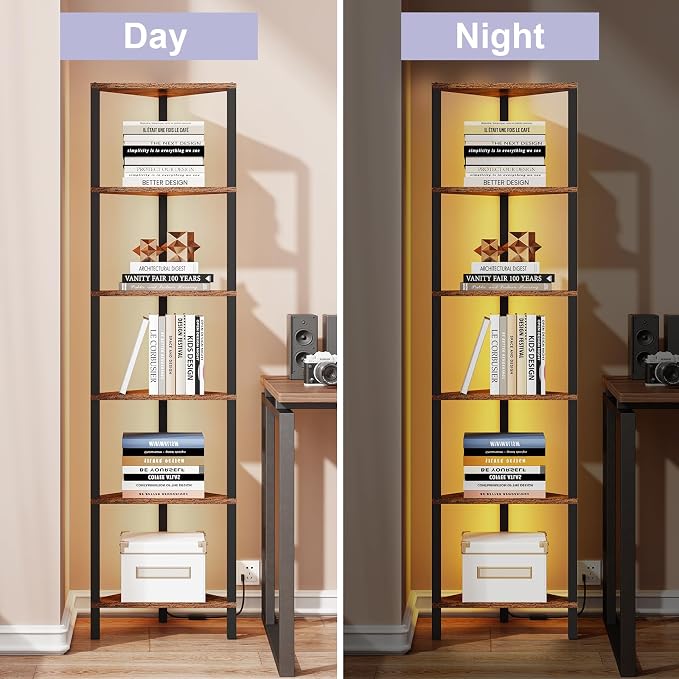 TUTOTAK Corner Shelf with LED Light, 6-Tier Corner Bookshelf for Small Space, Narrow Display Corner Shelf Stand with Storage Rack, for Living Room, Bedroom, Rustic Brown BS05BB006L - Image 5