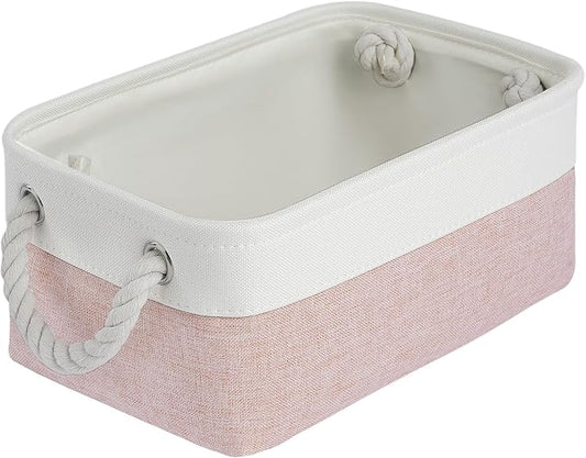 Storage Baskets for Shelves 11.8x7.9x5.2 Inch, Foldable Fabric Storage Bins with Handles, Small Storage Baskets for Organizing Closet, Office, Home Organization (1-Pack, White&Pink) by VQRTEXAStorageBasket