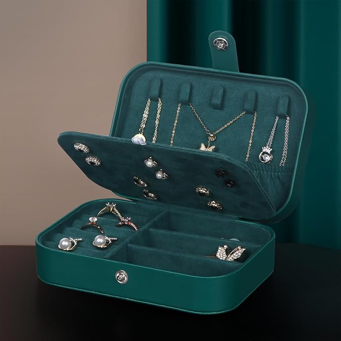 Hatori Travel Jewelry Box, PU Leather Small Jewelry Organizer for Women Girls, Portable Mini Travel Case Display Storage Holder Boxes for Stud Earrings, Rings, Necklaces, Bracelets (Ink Green) - Image 6