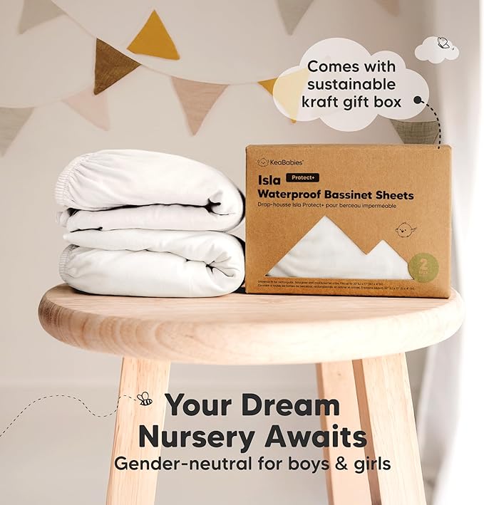 2-Pack Waterproof Bassinet Sheets Boy, Girl - 33x17 Baby Bassinet Mattress Protector Cover, Viscose Derived from Bamboo, Compatible with Graco, Baby Delight, Halo Bassinest Swivel Sleeper (Soft White)