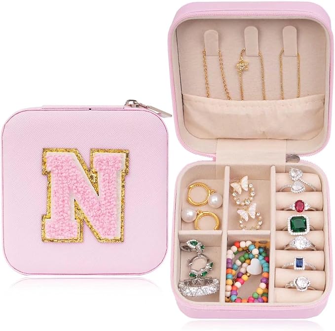 ETHOON Jewelry Travel Case Small Organizer Stocking Box Personalized Gifts Teenage Jewelry Accessories Holiday Wedding Christmas Gift for Women Pink, Letter N by ETHOON