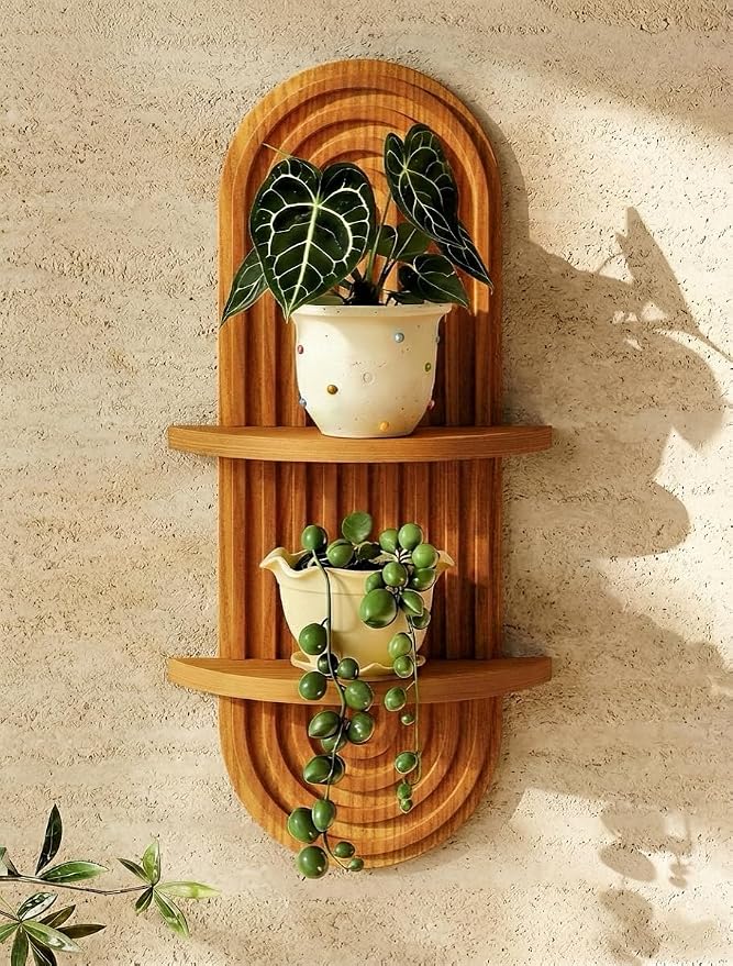 Bamworld Boho Wall Decor Brown Plant Wall Shelf Mid Century Modern Decor Hanging Plant Shelf 16.7in 2 Tier Wooden Floating Shelves for Home Bathroom Bedroom Living Room Office Holding Planter by Bamworld