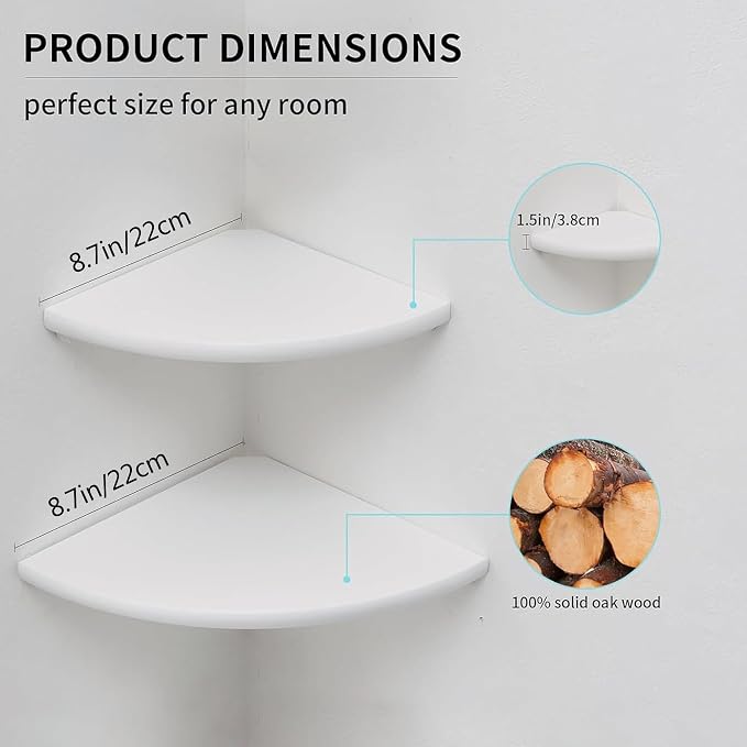 Corner Shelves, Floating Corner Shelf, Set of 2 White Solid Oak Wood Wall Shelves, Round End Wall Mount with Wire Hole Shelving for Small Plant for Bedroom Kitchen, Living Room 8.7" - Image 6