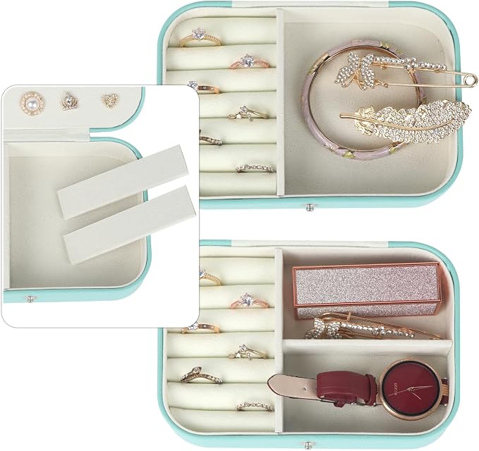 Hatori Travel Jewelry Box, PU Leather Small Jewelry Organizer for Women Girls, Portable Mini Travel Case Display Storage Holder Boxes for Stud Earrings, Rings, Necklaces, Bracelets (Turquoise) - Image 8