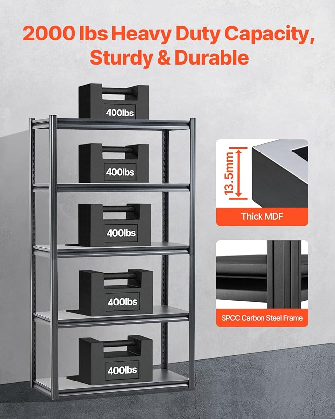 VEVOR Storage Shelves, 2000 lbs, 5 Tier Garage Storage Shelving, 18" D x 40" W x 72" H Adjustable Metal Shelves for Garage Shelves Utility Rack Shelf, Ideal for Kitchen, Warehouse, Basement, Black - Image 4
