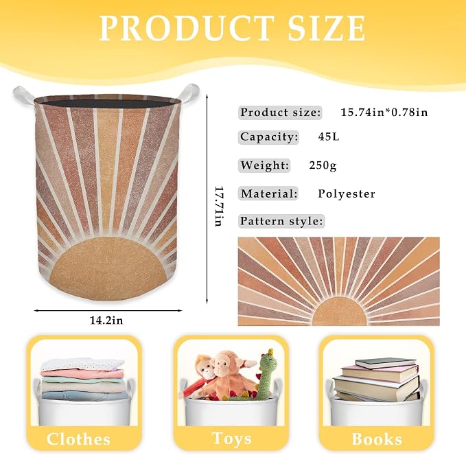 Boho Laundry Basket, Mid Century Modern Boho Neutral Sun Sunshine Waterproof Collapsible Laundry Hamper Dirty Clothes Storage Toy Bin Organizer for Bathroom Bedroom Nursery Girls Kids Room - Image 7