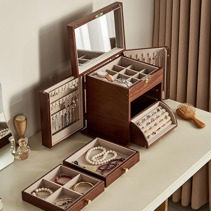 CHOSIN Black Walnut Wooden Jewelry Box, 4 Layer Lockable Organizer with Mirror, Rotatable Ring Holder,Side Doors & Brass Handle, Classical Design for Rings, Necklaces, Mothers Day Gift for Mom - Image 4