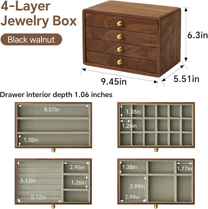 Wooden Jewelry Box for Women Men, Large Velvet Lined Organizer with 4 Drawers, Solid Black Walnut Brass Handles, Jewelry Storage Box for Rings, Necklaces, Earrings - Image 2