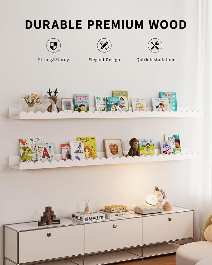 Shario Nursery Book Shelves, 4-Pack White Floating Shelves for Wall Kids, Scalloped Shelves, Wall Book Shelves for Bedroom Kids, Toddler Room, Baby Room, Nursery Decor (White, 47.2 Inches) - Image 2