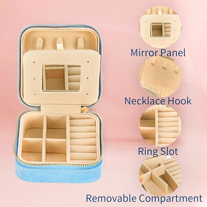 Smileshe Travel Jewelry Box with Mirror, Velvet Mini Case for Women Girls, Small Portable Gifts Organizer Boxes for Rings, Earrings, Necklaces, Bracelets - Image 7