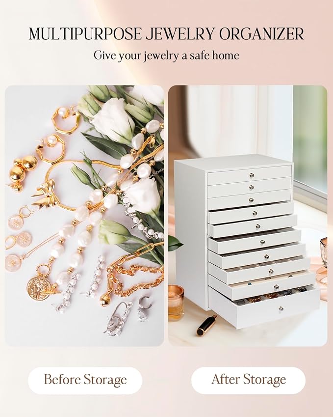 GUKA Large Jewelry Box, Jewelry Case with 10 Drawers for Big and Small Jewelry, Jewelry Storage Organizer for Watch Earrings Necklace Rings Bracelets, Birthday Wedding Gifts, White - Image 5
