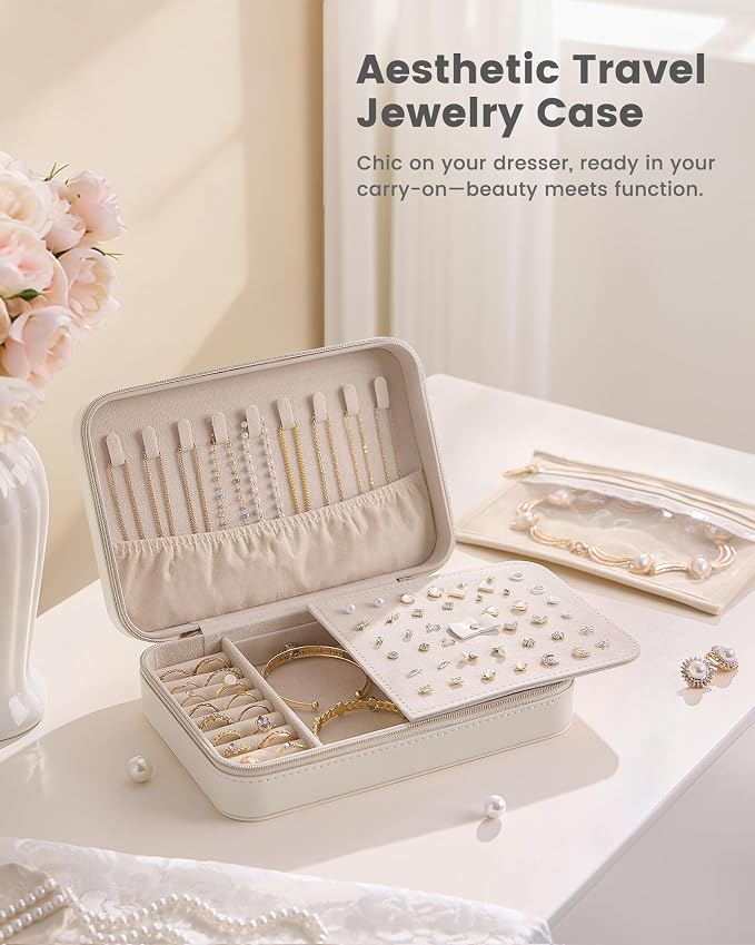 Lolalet Travel Jewelry Case for Women Girls, PU Leather Jewelry Organizer with Clear Storage Bag Small Portable Jewelry Box for Necklace Bracelet Earring Ring Mothers Day Birthday Gifts -Large/Beige - Image 6