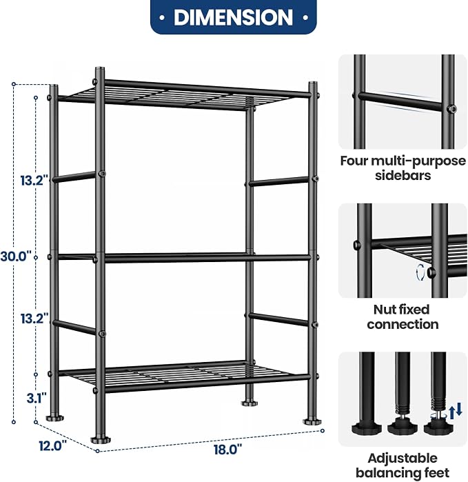 Abiglifty Storage Shelves, 3-Tier Metal Shelving, Wire Shelving with Adjustable Leveling Feet, Shelf Organizer for Bathroom, Closet, Garage - Image 2