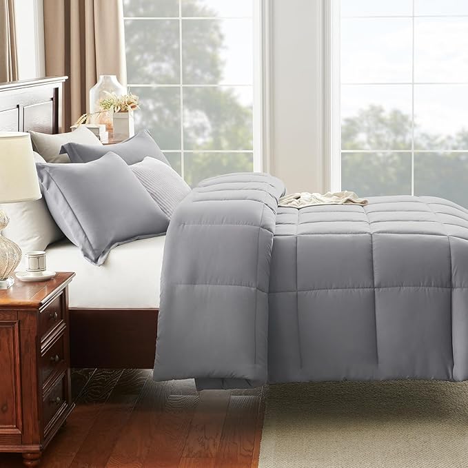CozyLux Full Size Comforter Sets - Grey Comforter Full Size, 3 Pieces Box Stitched Bed Set for All Seasons, Soft Lightweight Bedding Sets with 1 Down Alternative Comforter and 2 Pillow Shams