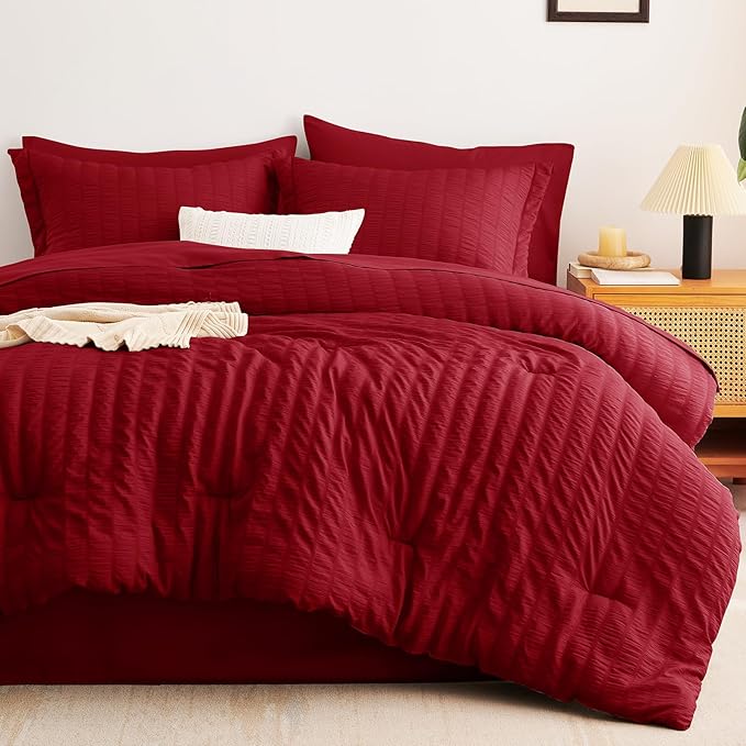 CozyLux Full Size Comforter Sets with Sheets 7 Pieces, Dark Red Seersucker Bed in a Bag Textured Luxury Soft Bedding Set with Down Alternative Comforter, Sheets, Pillowcases & Shams for All Season