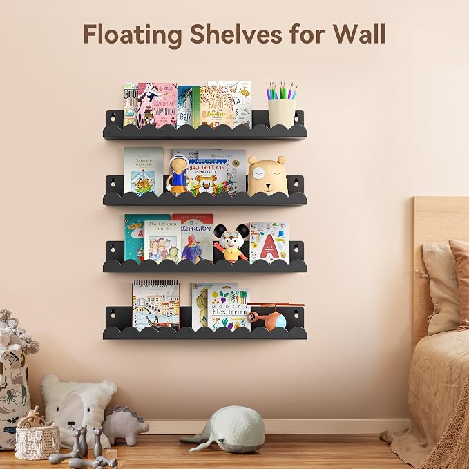 Nursery Book Shelves, 17 Inch Metal Floating Shelves for Wall 4 Pack, Scalloped Shelves, Wall Mounted Book Shelf for Kids Bedroom, Baby Room, Nursery Decor （Black） - Image 5