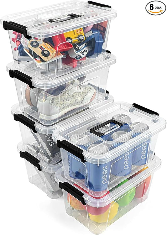 Plastic Storage Bins with Lids 6 Pack Storage Organizer, 7 Quart Stackable Storage Boxes with Buckle Lids and Handle easy for Home Office Pantry Organization, Clear
