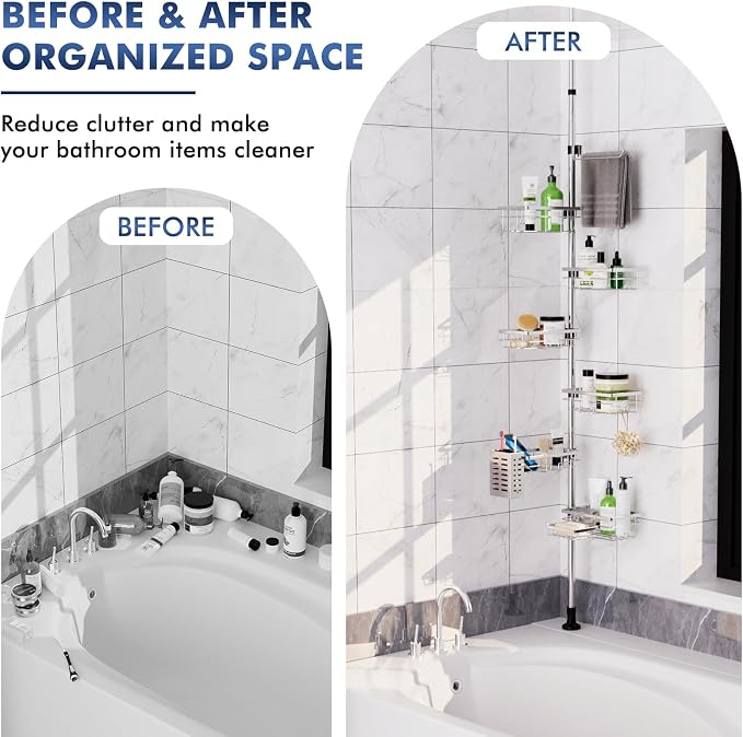 Vatex Shower Caddy Corner Tension Pole, Stainless Steel Rustproof 6 Shelves Bathroom Organizer with Towel Bar & Toothbrush Holder, Adjustable Shower Shelf for Renters - Family Stand Storage Rack - Image 8