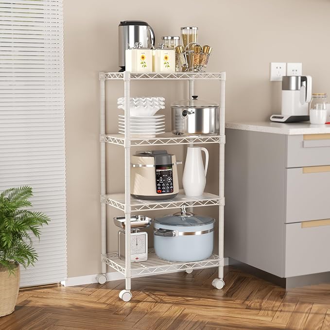 SINGAYE 4 Small Shelves Storage Shelf Wire Shelving Unit Metal Shelf Adjustable Organizers Storage Shelving with Wheels for Bathroom Laundry Room Kitchen Pantry11.5”D x 17.5”W x 30.5”H White - Image 6