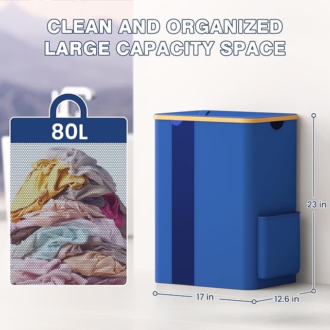 BlissTotes Laundry Basket with Lid, 80L Clothes Laundry Hamper with Handles and Removable Laundry Bag, Breathable Design Hamper with Lid for Bedroom, Bathroom, Dorm, Laundry Room - Blue - Image 3