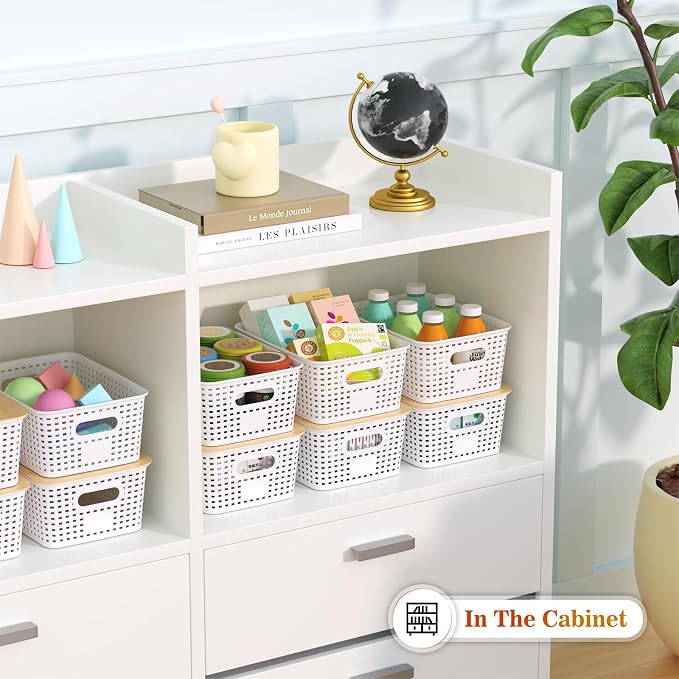 Ohmlove Plastic Storage Baskets With Bamboo Lid - Plastic Storage Containers Stackable Storage bins: Storage Baskets for Organizing Shelves Drawers Desktop Closet Playroom Classroom Office, 6 Pack - Image 4