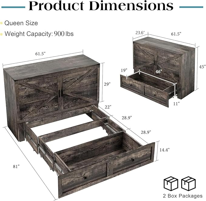 LUXOAK Queen Murphy Bed with Storage and Charging Station, Farmhouse Cabinet Bed, Noise-Free, for Guest Room, Apartment, or Office, Black Oak