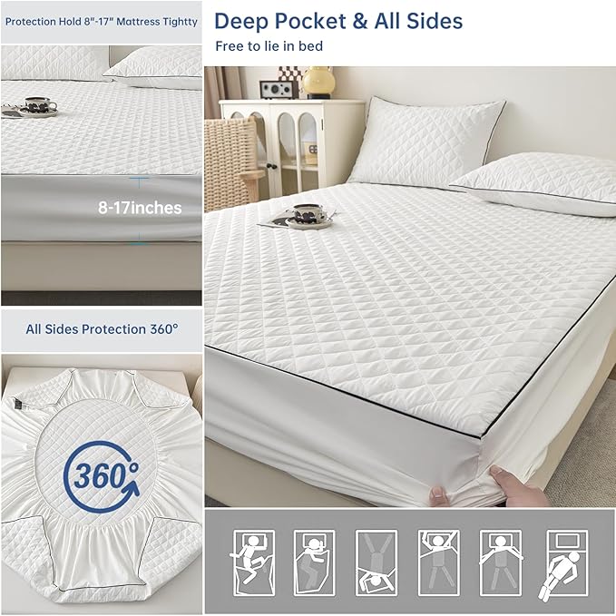 Full Size Waterproof Mattress Protector - Leak-Proof/Urine Proof, Stain Resistant, with 17" Stretchable Deep Pockets, Dorm Essential for College Students, Kids & Singles, Washable (54"x75")