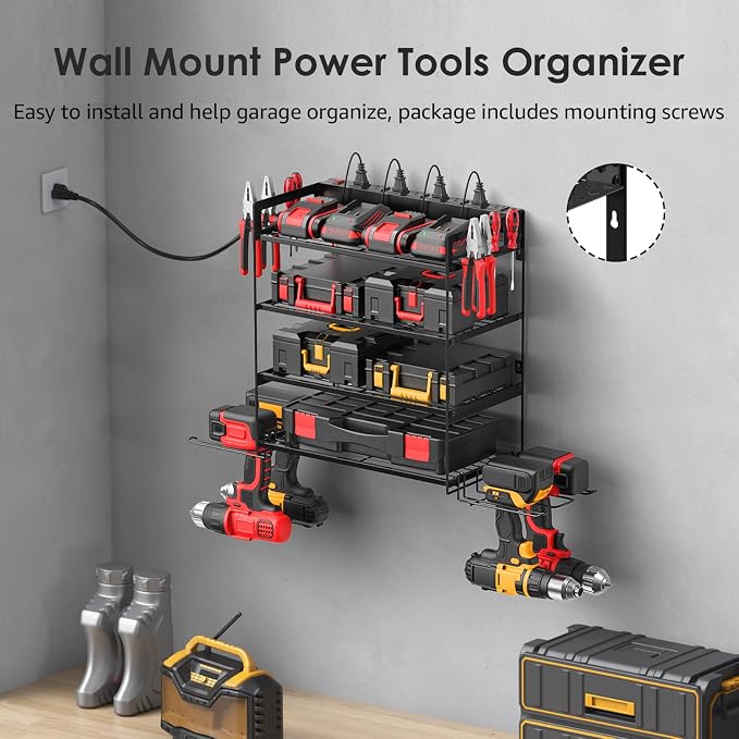CCCEI Garage Tools Storage with Charging Station. Power Tool Battery Organizer Utility Shelf with Power Strip. 4 Drills Holder Wall Mount Rack, Black 4 Layer. - Image 3