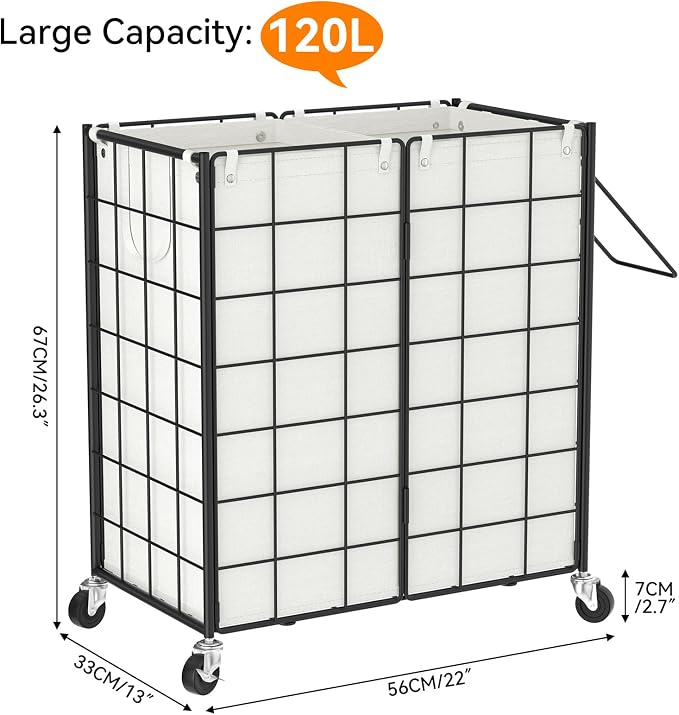 WOWLIVE Double Laundry Hamper with Wheels,Metal Wire Frame Rolling Laundry Basket with 2 Removable bags,120L Dirty Clothes Hamper Organizer Dorm Room Storage for Bedroom,Bathroom,Black and White - Image 4
