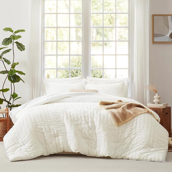 CozyLux Queen Comforter Set Ivory Seersucker 7 Pieces Bed in a Bag Queen Comforter Set with Sheets, Luxury Soft Bedding Sets with Down Alternative Comforter, Sheets, Pillowcases & Shams for All Season