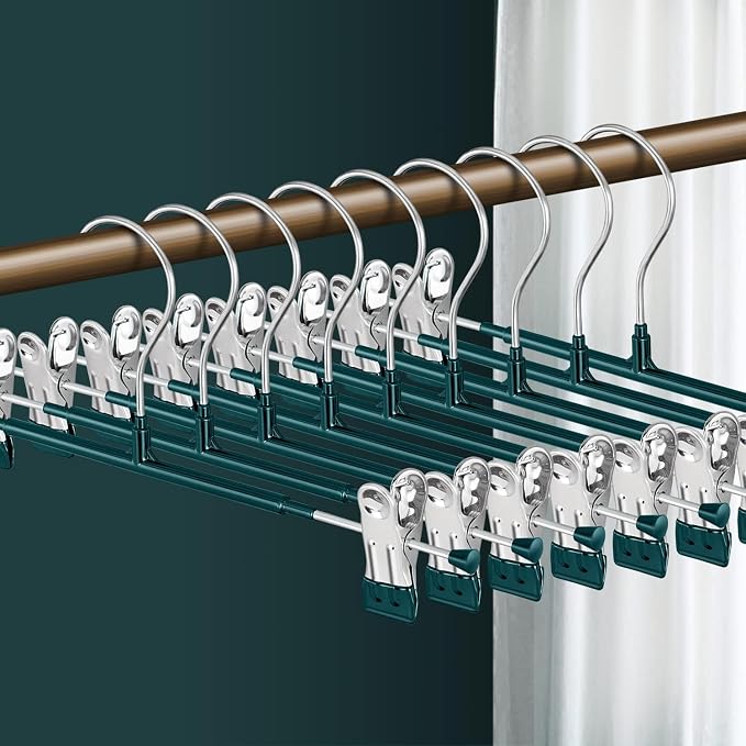 Pants Hangers with Clips 10 Pack Adjustable Skirt Hangers for Women Non-Slip Trousers Hanger for Jeans Shorts Clothes Hanger for Pants Heavy Duty Space Saving,Green,12Inch by HWAJANClothesOrganizer