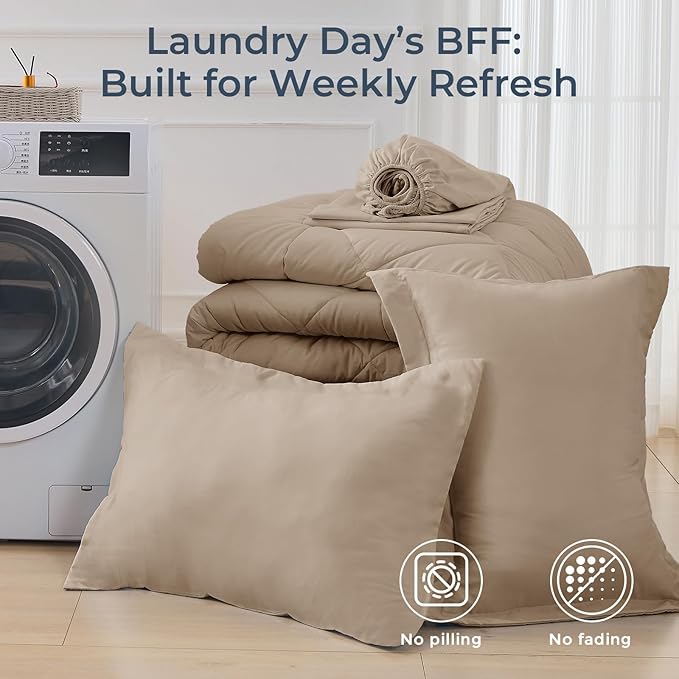 HEVUMYI Khaki Twin-XL Comforter Set - 5-Piece All Season Bed in a Bag Twin-XL, Ultra Soft Bedding Set with Comforter, Flat Sheet, Fitted Sheet, Pillowcases, Pillow Shams